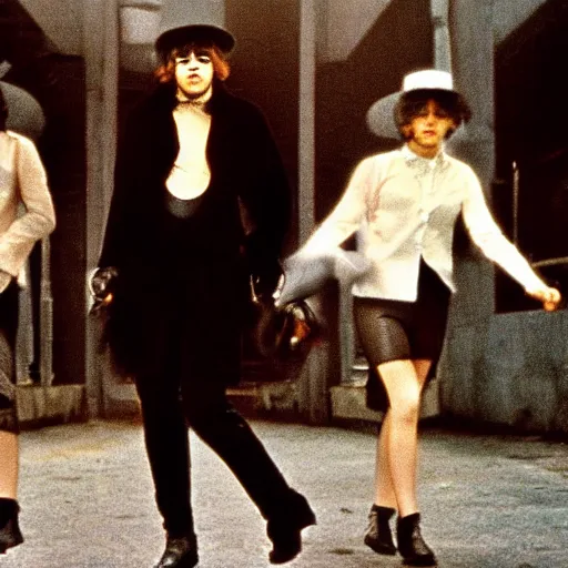 Image similar to A Clockwork Orange, women droogs, 1971 photography, female hooligans, shaggy haired punks, dystopian England