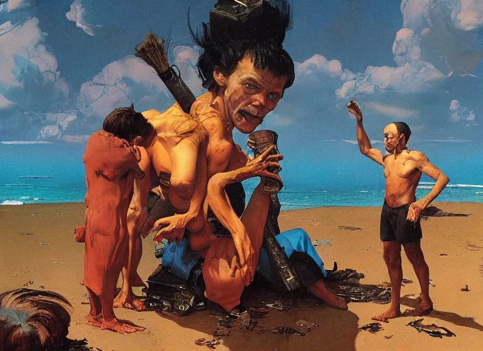 Prompt: a still from the movie cast away by francis bacon and norman rockwell and james jean, and mark brooks, triadic color scheme, by greg rutkowski, syd mead and edward hopper and norman rockwell and beksinski, dark surrealism, orange and turquoise