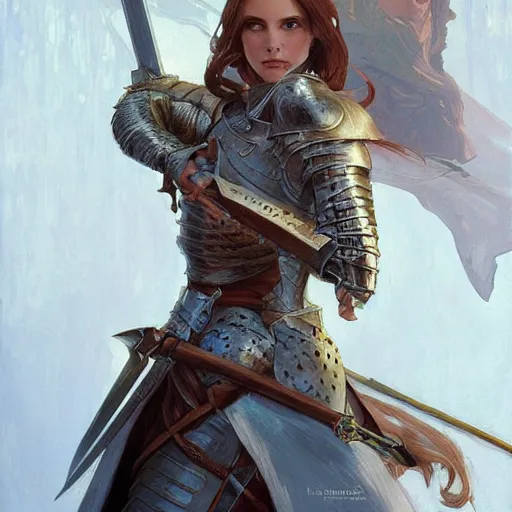 Image similar to Portrait of a female knight with a large sword, D&D, fantasy, highly detailed, digital painting, artstation, smooth, sharp focus, illustration, art by artgerm and greg rutkowski and alphonse mucha