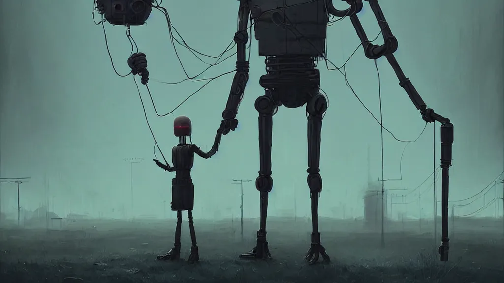 Prompt: realistic human android character, the puppeteer with long needle fingers, dark industrial background, simon stalenhag, featured on artstation, cinematic, elegant, intricate