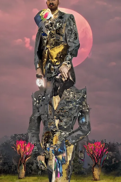 Image similar to Ethereal safari landscape with a pink rainbow sky under a god moonstone, black leather and embroidered Lolita dapper bespoke avant-garde tuxedo in velvet, black and gold rich color, dramatic cinematic lighting, featured on Artstation, extremely detailed by Lisa Frank