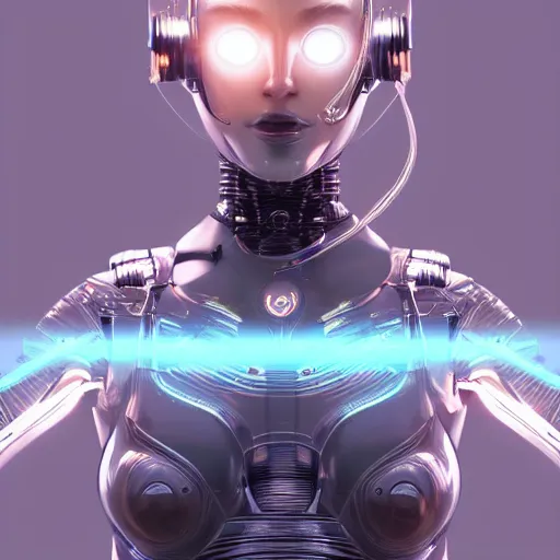 Image similar to a beautiful woman wearing robot suit with wires and light, highly detailed, photorealistic, artstation, smooth