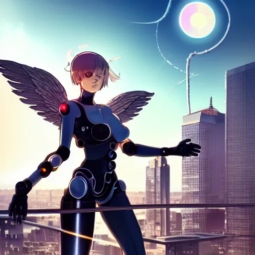 Image similar to cute endowed cyborg - angel girl with large angelic wings standing on the edge of a rooftop overlooking a floating city, left eye gold and right eye silver, biomechanical details, bionic cyborg implants, digital cyberpunk - anime art, full body shot, reflections, lens flare, wlop, ilya kuvshinov, artgerm, krenz cushart, greg rutkowski