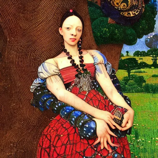 Prompt: interesting maximalist elaborate full body portrait of a beautiful medieval girl in a fancy elaborate dress next to a tree, in the style of Caravaggio, kawase hasui and paul klee. seen from the long distance. mixed media, vibrant 3d textures, natural shiny colours. amazing fashion of Vivienne Westwood. HD wide view 8x no frame