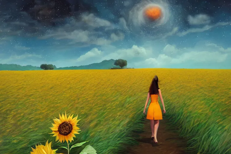 Image similar to giant sunflower as a head, girl walking in wheat field, hills, surreal photography, dark night, star trails, dramatic light, impressionist painting, clouds, digital painting, artstation, simon stalenhag