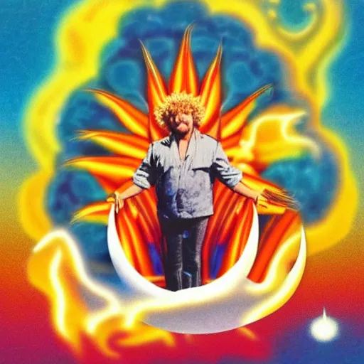 Image similar to 8 0 s new age album cover depicting a mushroom cloud in the shape of guy fieri, very peaceful mood