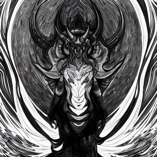 Image similar to full body grayscale drawing by Anato Finnstark of horned demon in heroic pose, swirling flames, brutal, alphonse mucha,