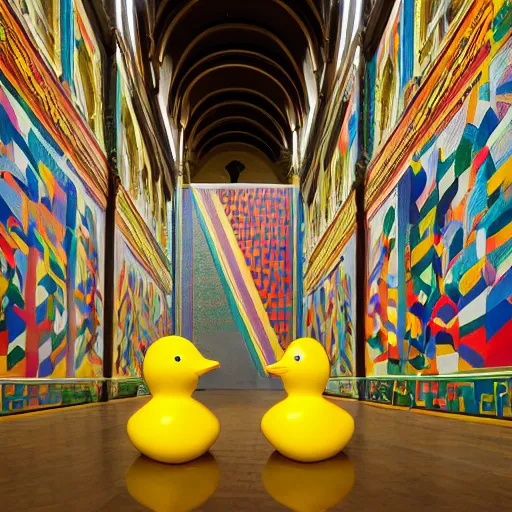 Image similar to wide shot, one! photorealistic rubber duck in foreground on a pedestal in an cavernous museum, the walls are covered floor to ceiling with colorful geometric wall paintings in the style of sol lewitt, tall arched stone doorways, through the doorways are more mural paintings in the style of sol lewitt.