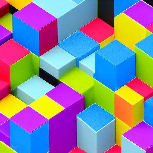 Prompt: an axonometric isometric photo of a closely stacked series of many individually coloured blocks. each blocks has a unique single colour and have a satin finish. are made of a satin resin. photorealistic, architectural model, octane render, path tracing