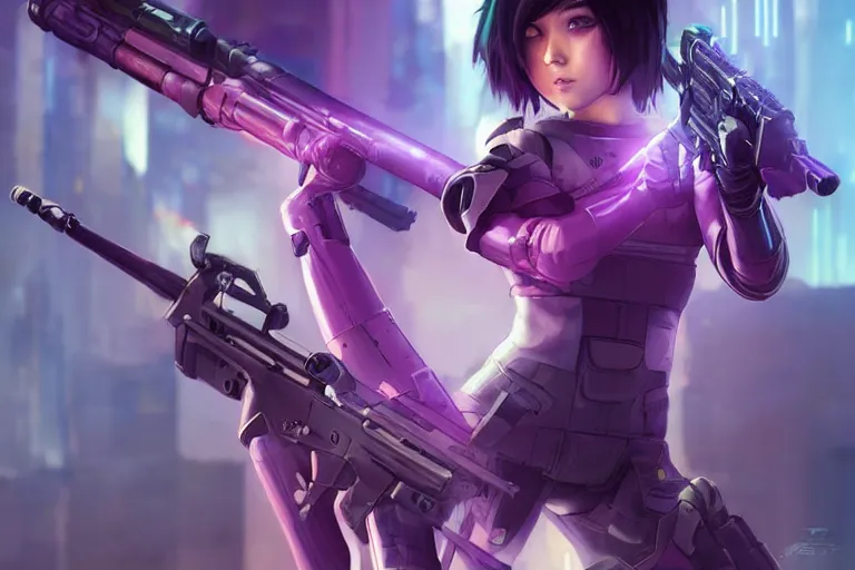 Image similar to young female japanese sniper holding a railgun sniper rifle, short purple haircut, neon, cyberpunk, futuristic, full cybernetic combat suit, stunning, highly detailed, digital painting, smooth, soft focus, illustration, ghost in the shell, 4 k digital art from artstation by artgerm and greg rutkowski and wlop