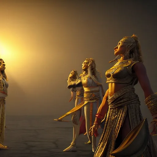 Prompt: scene from mahabharata with, cinematic, atmospheric, volumetric light, high octane render, backlight, 1 6 k, high definition render, unreal 5 engine, hyperrealism, in the style of ridley scott, hayao miyazaki, frank bairstow, james cameron, artgerm, marvel comics, steven spielberg, craig mullins