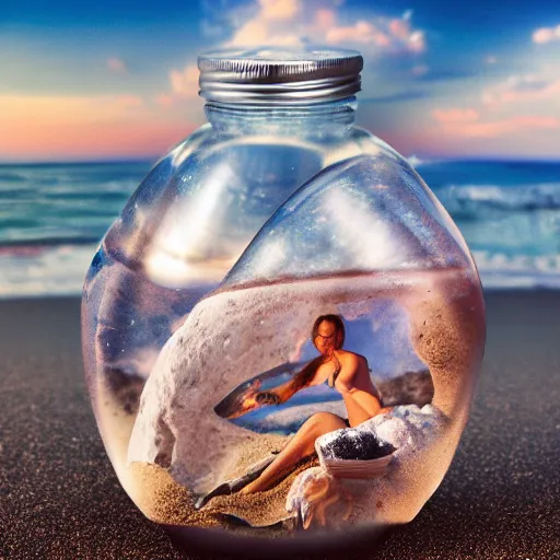 Prompt: a universe inside of a bottle on the beach, hyper detailed, photorealostic