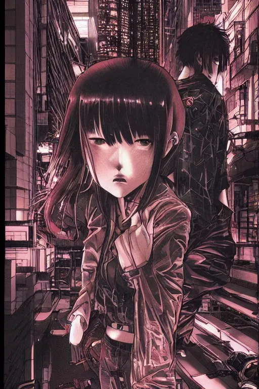 Prompt: highly detailed, professionally drawn 9 0 s seinen cyberpunk horror action manga cover art, full color, magazine cover art, drawn by ilya kuvshinov and hiromu arakawa