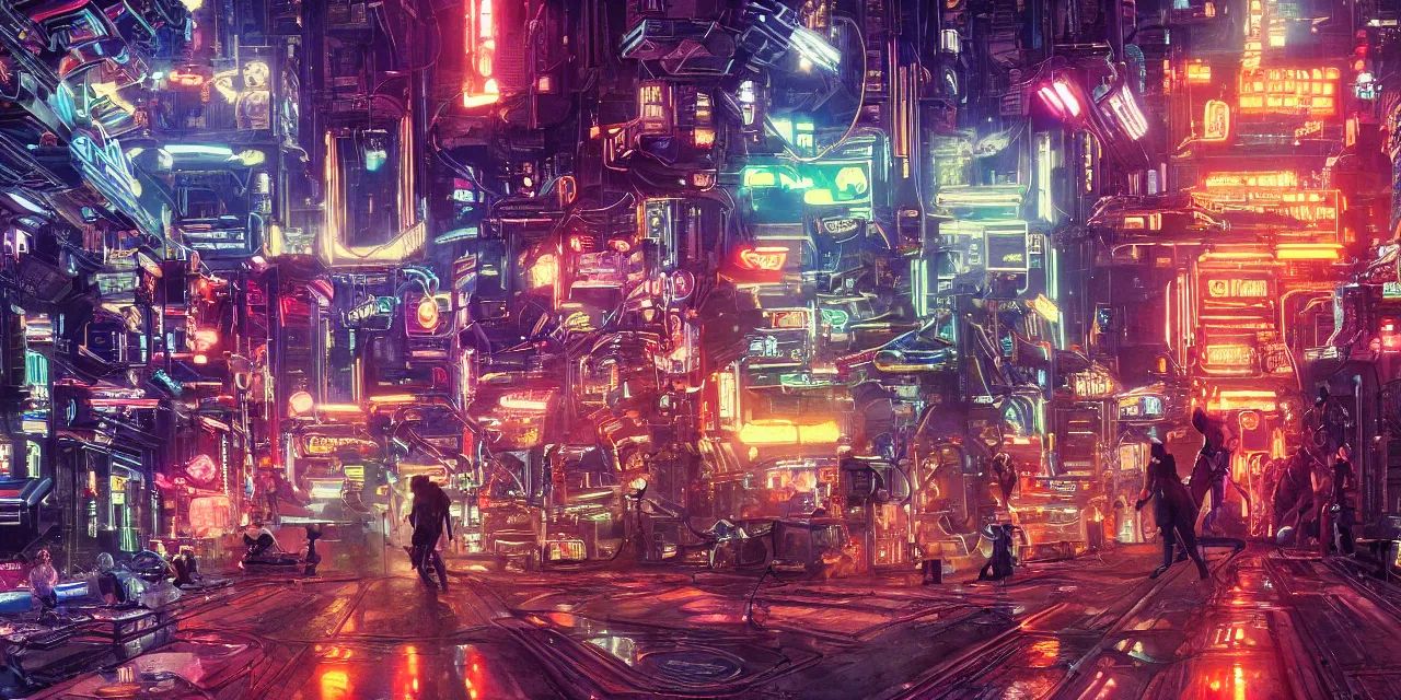 Prompt: interior shot ready player one ,apartment, nightime, scifi , futuristic, neon, robots, women, neon lights, by james gurney and katsuhiro otomo