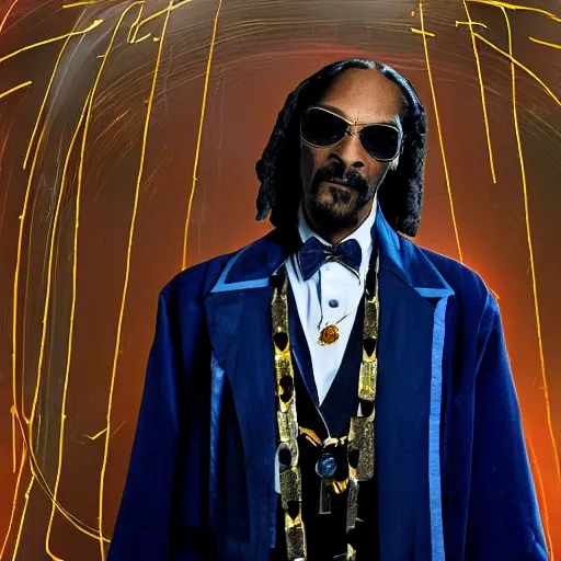 Image similar to snoop dogg as a rough dirty old man with a scruffy beard in a dark blue trenchcoat wearing an orange bowtie as the new doctor who, cinematic, volumetric lighting, f 8 aperture, cinematic eastman 5 3 8 4 film, photorealistic