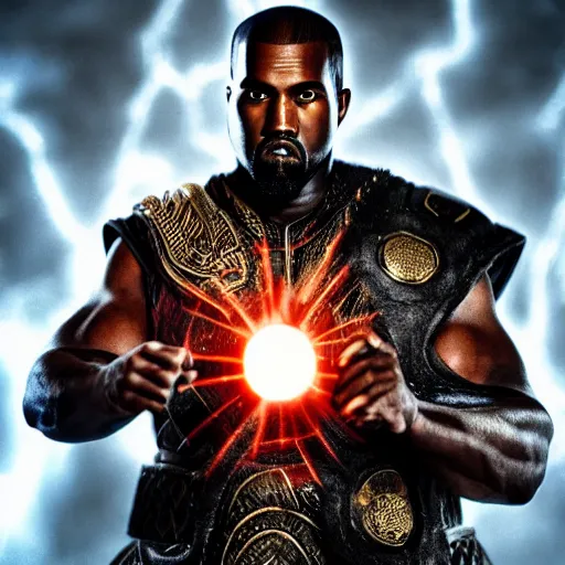 Image similar to portrait of kanye west as zeus, god of thunder, greek god, in mortal kombat, gears of war, mythology, fantasy, splash art, movie still, cinematic lighting, dramatic, octane render, long lens, shallow depth of field, bokeh, anamorphic lens flare, 8 k, hyper detailed, 3 5 mm film grain