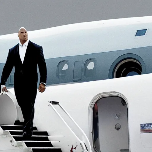 Prompt: dwayne johnson as president of the united states walking down the steps of air force one. photorealistic.