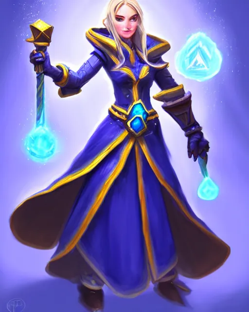 Image similar to perfectly - centered!! looking at the camera!!! full body portrait of the female blue mage, bright lighting, by hearthstone, concept art, hearthstone mastered art