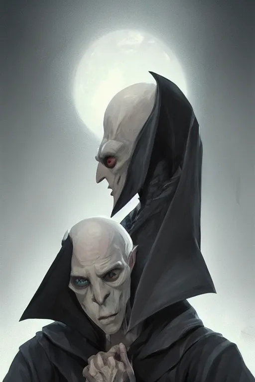 Image similar to stylish nosferatu with a gaming headset looking at his monitor d & d, fantasy, portrait, highly detailed, headshot, digital painting, trending on artstation, concept art, sharp focus, illustration, art by artgerm and greg rutkowski and magali villeneuve