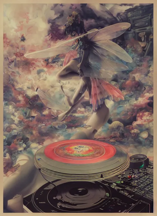 Image similar to surreal gouache painting, by yoshitaka amano, by ruan jia, by Conrad roset, by good smile company, detailed anime 3d render of a magical Dragonfly flying over a Mushroom on a DJ Mixer, Vinyl deck, controller, portrait, cgsociety, artstation, rococo mechanical and Digital and electronic, dieselpunk atmosphere