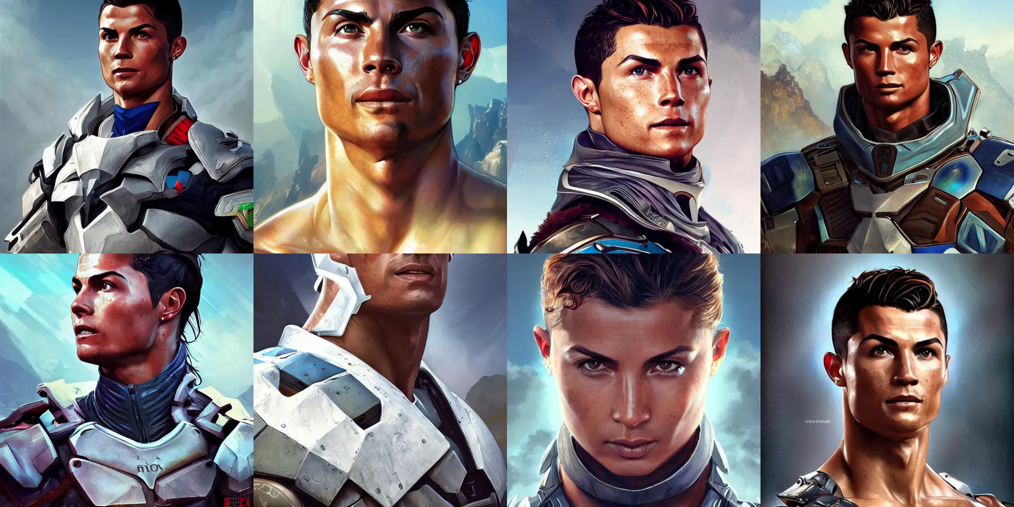 Prompt: Cristiano Ronaldo from Horizon: Zero Dawn, half body portrait, videogame cover art, highly detailed, digital painting, artstation, concept art, smooth, detailed armor, sharp focus, beautiful face, illustration, art by Artgerm and greg rutkowski and alphonse mucha