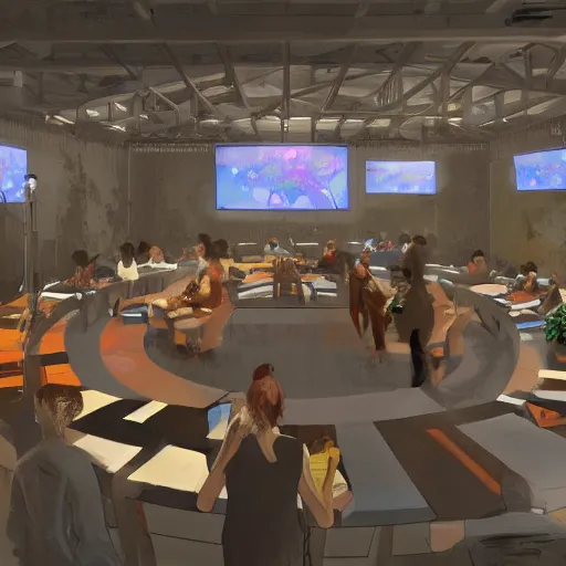 Prompt: concept, venue in meta space, people siting on many round tables, large screen on the wall, artstation