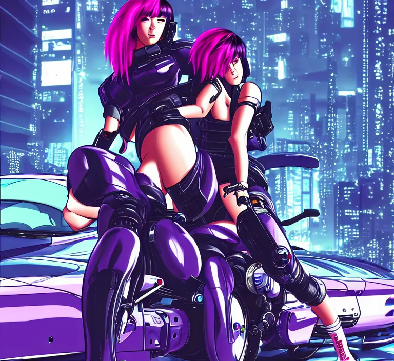 Image similar to motoko kusanagi riding a cyberpunk vehicle in a grungy cyberpunk megacity, bosozoku gang war, cyberpunk vaporwave, by phil jimenez, artgerm, sola digital arts, anti aliasing, raytracing