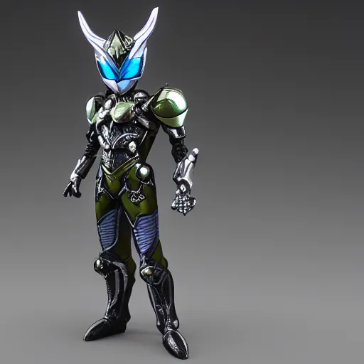 Image similar to High Fantasy Kamen Rider with a Mini Figure Gimmick, glowing eyes, moody colors, rock quarry daytime, grey rubber undersuit, segmented armor, Guyver Dark Hero