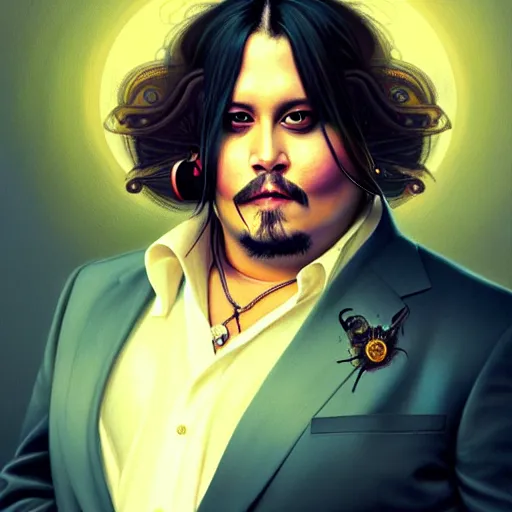 Image similar to fat overweight johnny depp showing his belly, sci fi, glowing eyes, volumetric lights, gold theme, art nouveau botanicals, intricate, highly detailed, digital painting, artstation, concept art, smooth, sharp focus, cinematic, illustration, beautiful face, art by artgerm and greg rutkowski and alphonse mucha