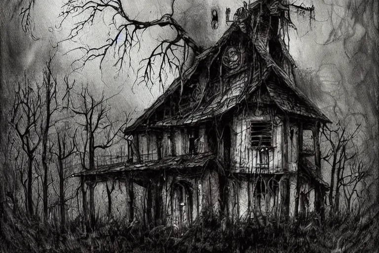 Image similar to mad horror painting of a futuristic witch house in the woods by ben templesmith