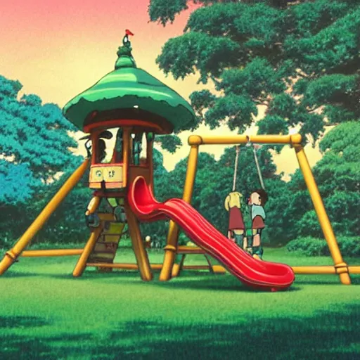 Image similar to Studio Ghibli enormous, never-ending playground of slides, swings, and many-storied playground equipment at dusk by Hayao Miyazaki and Thomas Kincade