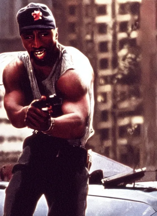 Image similar to film still of Tupac as John McClane in Die Hard, 4k