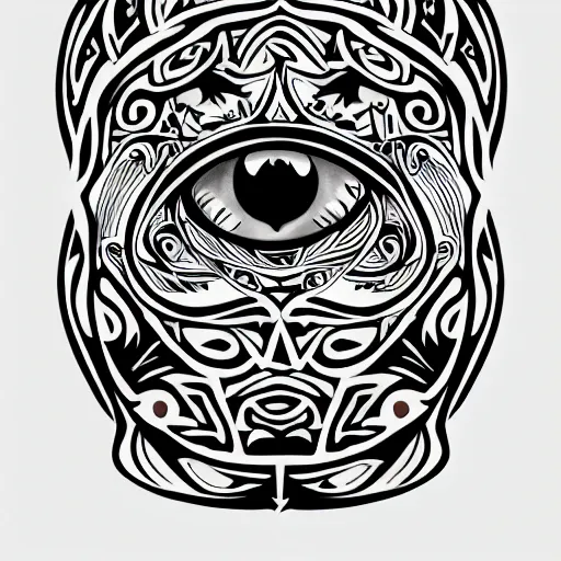 Image similar to tattoo sketch of a cat with one eye, on a paper, maori ornament, polinesian style, minimalism, line art, vector, geometric