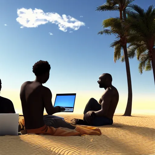 Image similar to group of black people working with macbook sitting on the beach sand, photorealism, ultra detailed, dynamic light