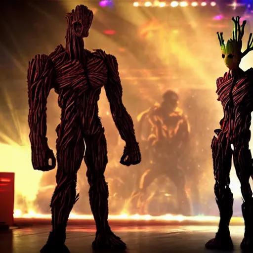 Image similar to groot and optimus prime dancing at techno party among people, wide shoot, after effect, ultra realistic 3 d