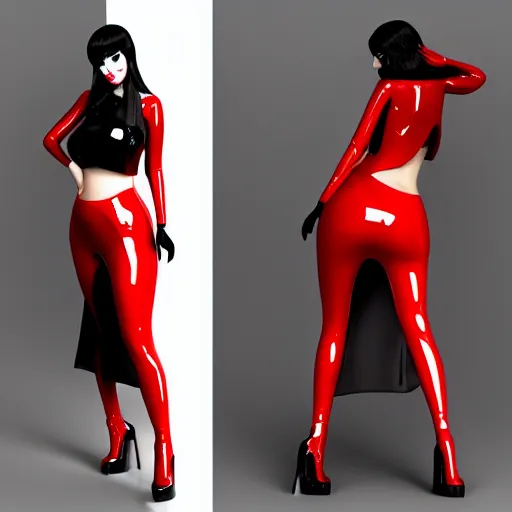 Image similar to curvy feminine hot goth cutie in a sublime elegant polished black latex neck-high gown with red trim and latex leggings, thin waist, cgsociety, photorealistic, comfy ambience, idealistic, 16k, smooth, sharp focus, trending on ArtStation, volumetric lighting, fully clothed, worksafe