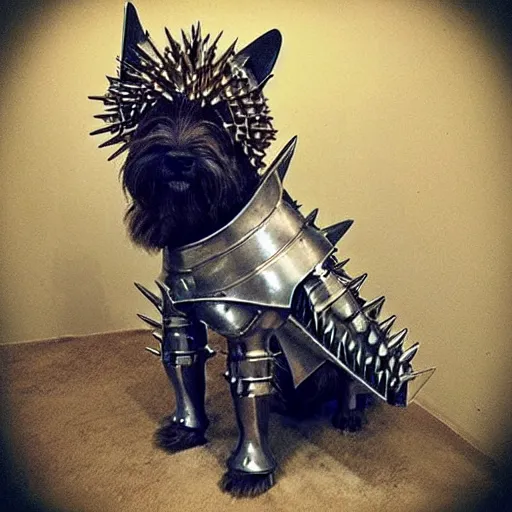 Image similar to “ west highland terrier clad in iron armor with spikes, with a gun glued to his head. ”