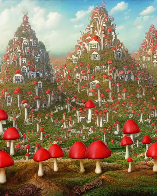 Prompt: a highly detailed strange fantastic magical red and white mushroom forest of houses and their inhabitants, many stories, by jacek yerka, matte painting, 8k resolution, vivid