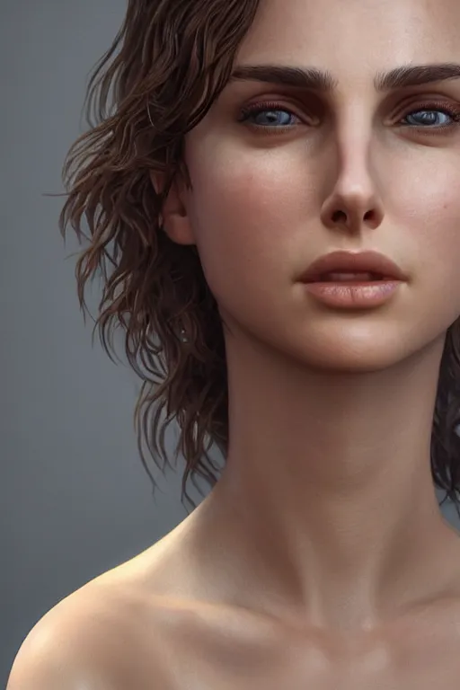 Image similar to Nathalie Portman portrait, loving amber eyes, a shy face, looking at camera, unreal 5, hyperrealistic, octane render, Regal, Refined, Detailed Digital Art, RPG portrait, William-Adolphe Bouguereau, Michael Cheval, dynamic lighting, Highly Detailed, Cinematic Lighting, Unreal Engine, 8k, HD