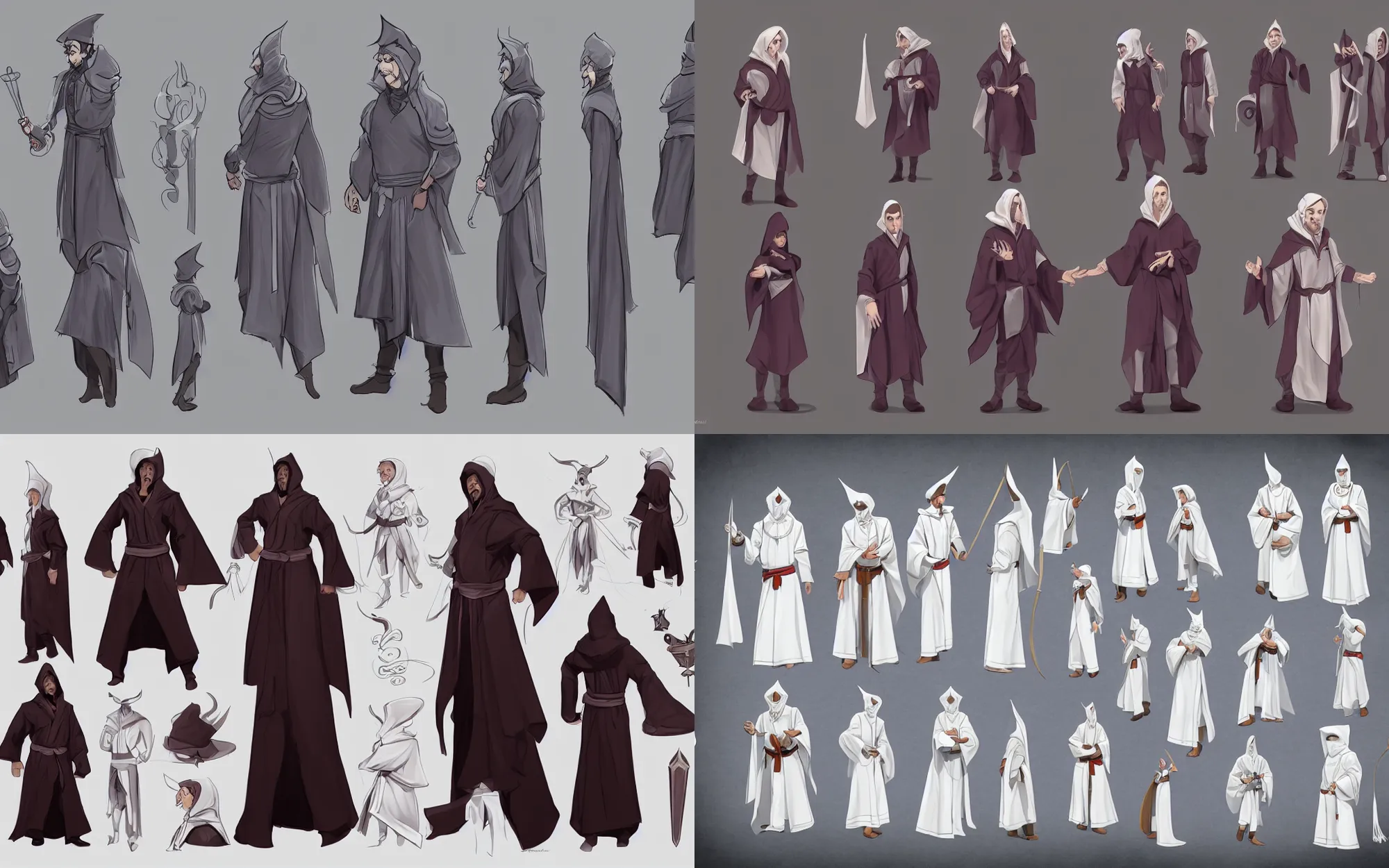 Prompt: traditional character design sheet, cinematic clean concept art of a male magician wizard, potion belt, robes, hood, pristine and clean, artsation, 8k,