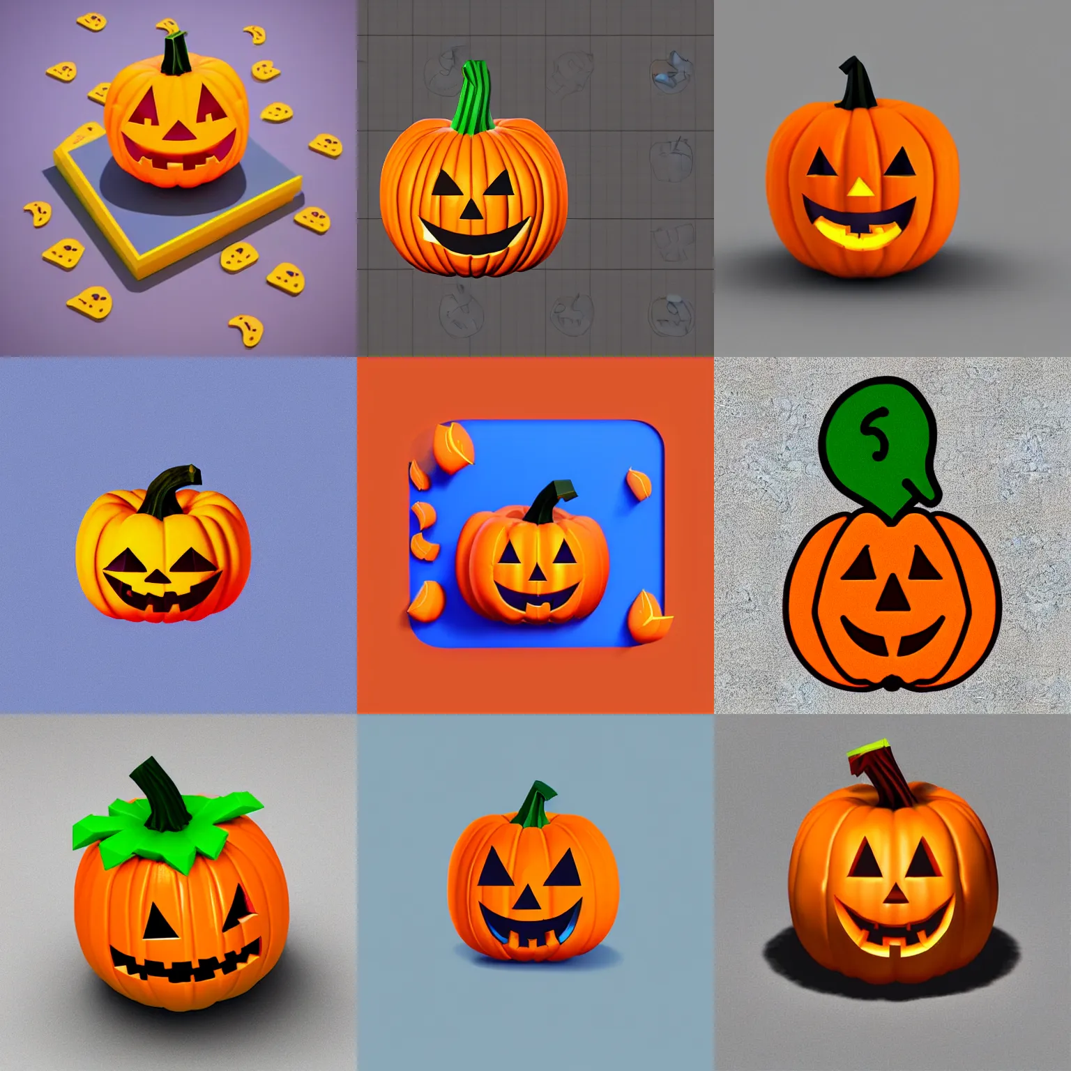 Prompt: A brightly colored, detailed icon of a jack-o-lantern emoji, cute, 3D low poly render, isometric perspective,, white background