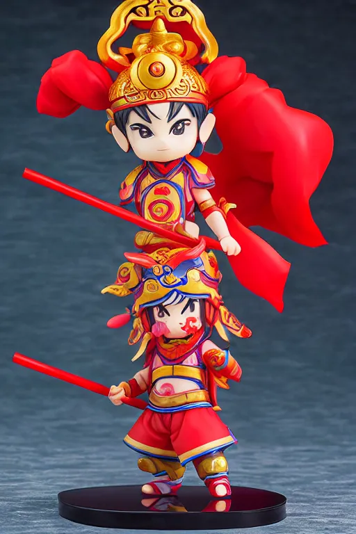 Image similar to arty chinese mythology ne zha nendoroid full body hyperdetalied, hero pose, osamu tezuka, macoto takahashi, chibi, q posket, 8 k realistic, 3 d, cryengine, exquisite, red cloth around his shoulders, hold spear, ne zha ( 2 0 1 9 ), fenghua zhong,