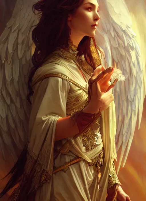 Prompt: painting of biblically acurrate angels, fantasy, medieval wear, intricate, elegant, highly detailed, digital painting, artstation, concept art, smooth, sharp focus, illustration, art by artgerm and greg rutkowski and alphonse mucha
