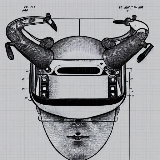 Image similar to a patent drawing of an intricate detailed vr headset from the future, extremely detailed alien technology vr!!! headset, with arrows and side angels