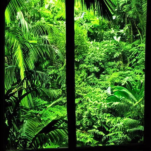 Prompt: A dslr picture with flash on of a window from in 2007, tropical rainforest outside