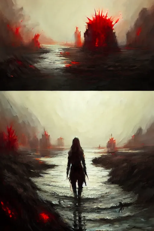 Image similar to bloody river in hell, by greg rutkowski, people walking into the horizon, trending on artstation