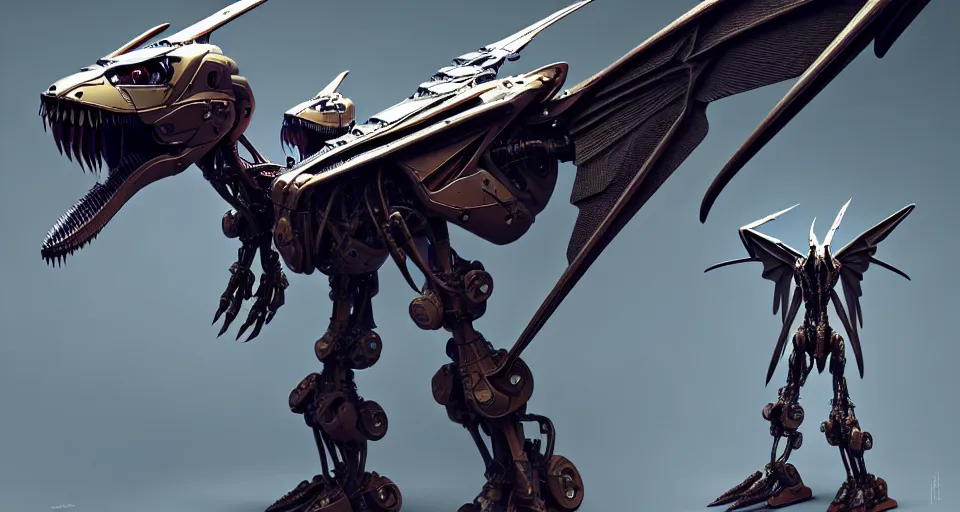Image similar to flying pterodactyl in a cyborg mech suit with large wings, by alexandre ferra, zezhou chen, peter gric, mohamed reda and hr giger, hyper detailed line art, screen print, character concept art, realistic, coherent, octane render, zbrush central, behance hd, hypermaximalist