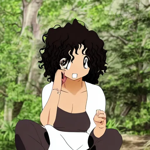 Image similar to A brown skinned woman with black curly hair as an anime character
