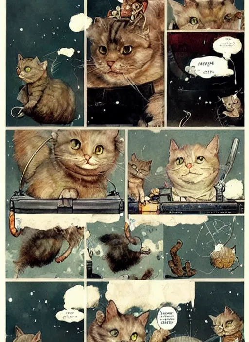 Image similar to a hyper realistic ink cat in a spaaceship 6 panel comic by chiara bautista and norman rockwell and greg rutkowski weta studio, and lucasfilm