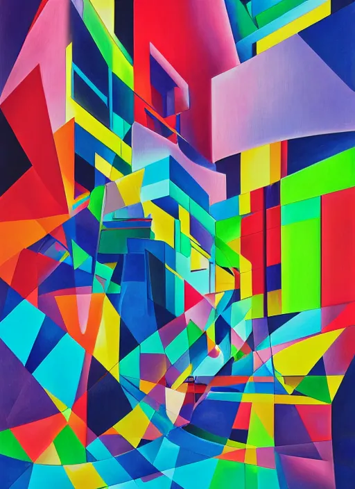 Prompt: A surreal neon painting of Zaha hadid 3d kandinsky cityscape made of cubism futuristic picasso rooms in 3 point perspective by patrick akpojotor and Vladimir kush and dali and kandinsky, 3d, realistic shading, complimentary colors, vivid neon colors, aesthetically pleasing composition, masterpiece, 4k, 8k, ultra realistic, super realistic,